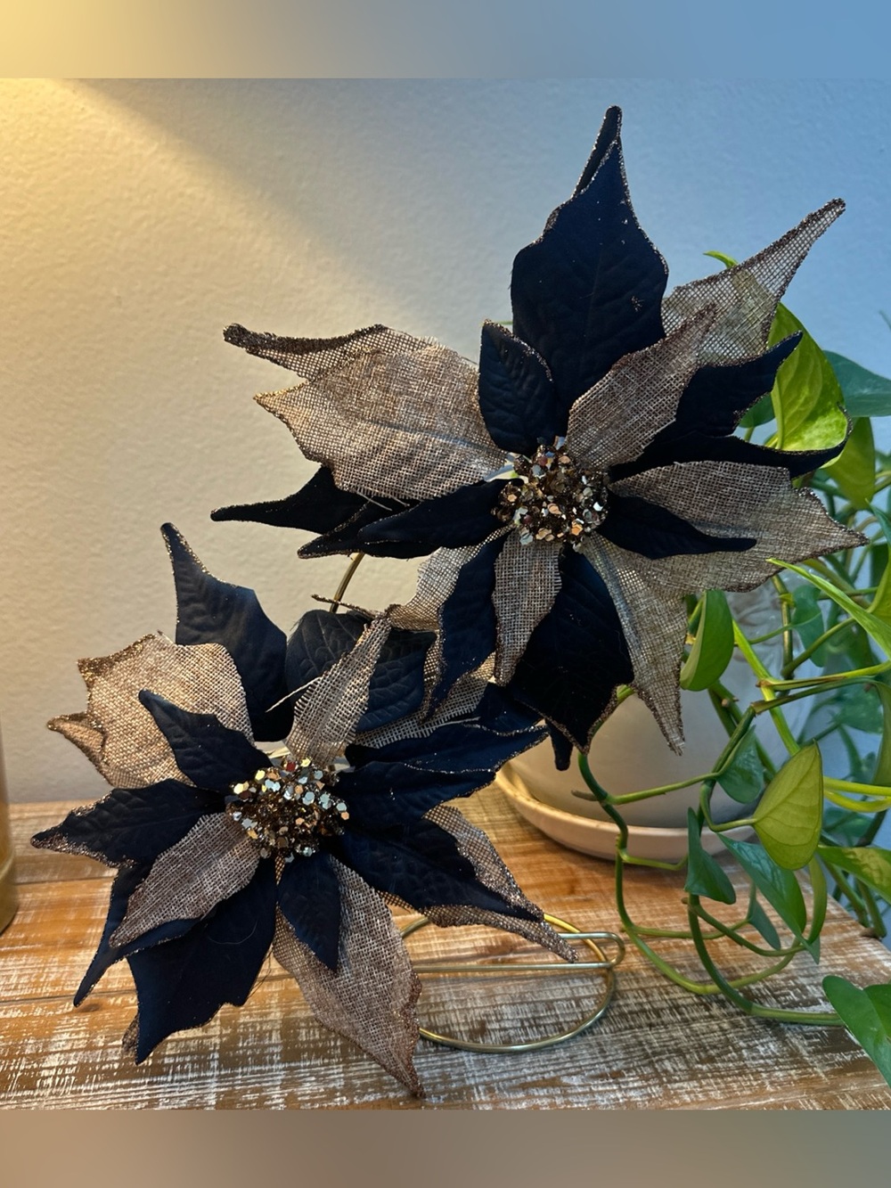 2 Navy Blue Gold Silk Poinsettia Floral Sequined Butlap Texture Accent Leave